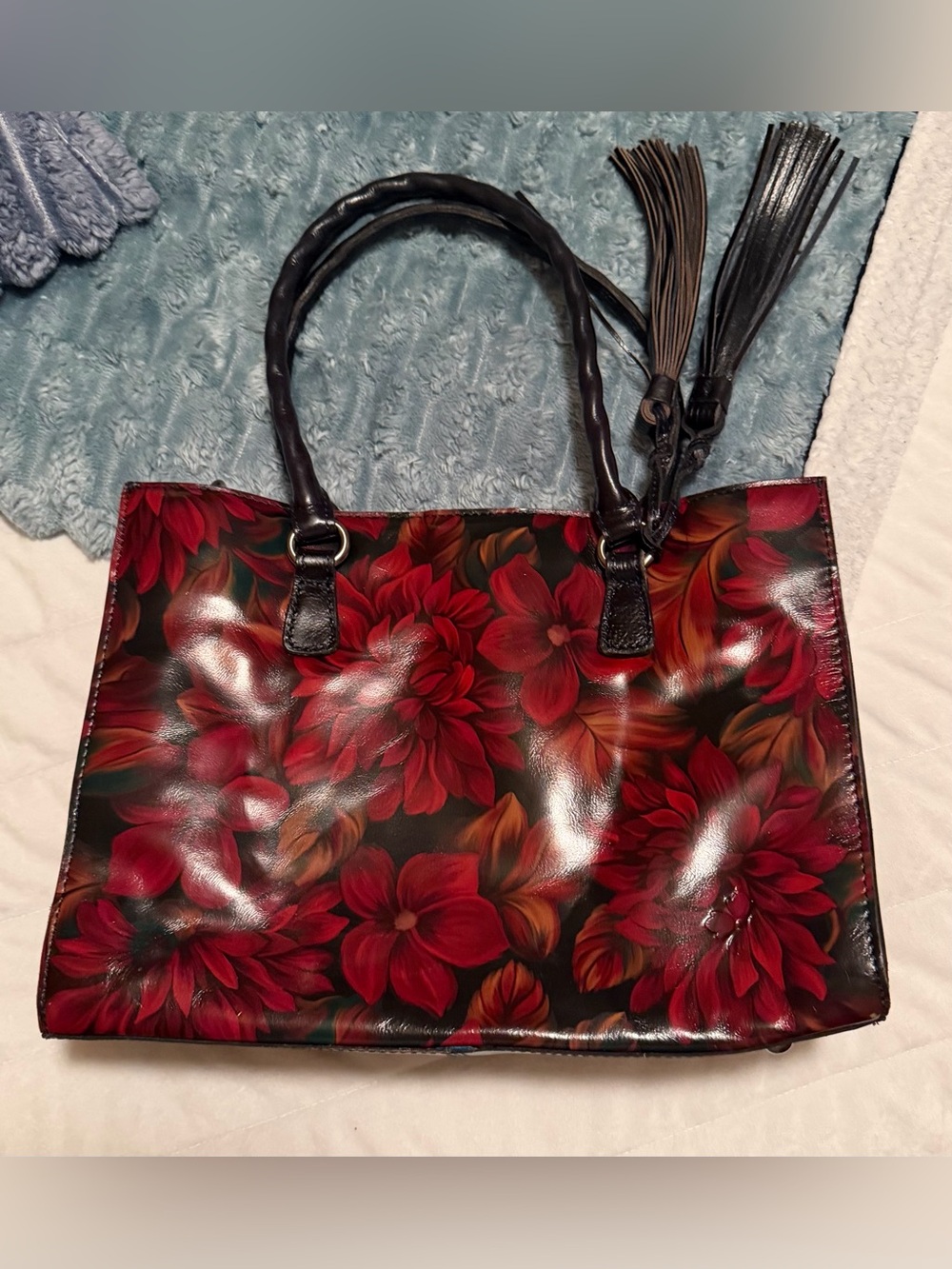 Patricia Nash Dark Red Floral Leather Tote with Tassel Accent